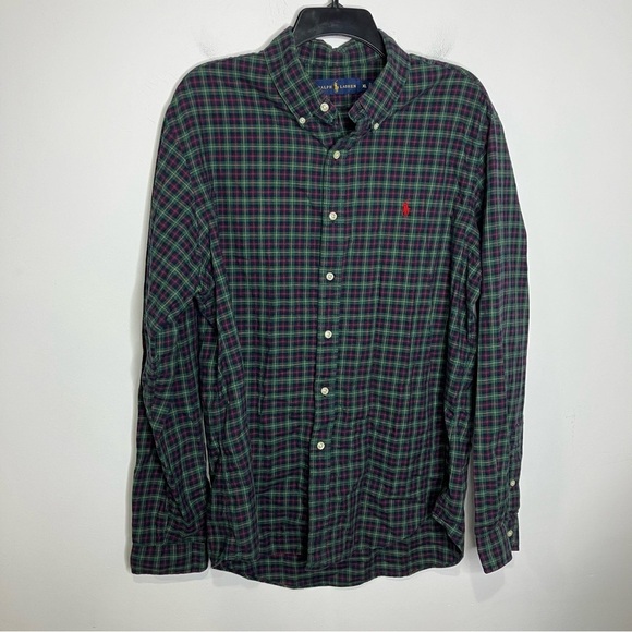 Ralph Lauren Green plaid button down shirt mens XL Christmas plaid 100% cotton - Picture 1 of 10
